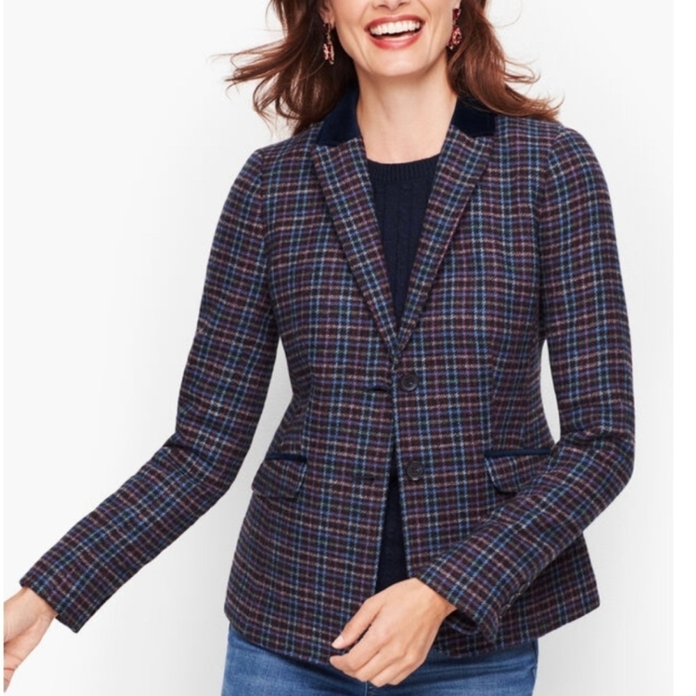 Talbots MISTLETOE PLAID SHETLAND WOOL BLAZER 12 Navy Blue Fun Structured Classic